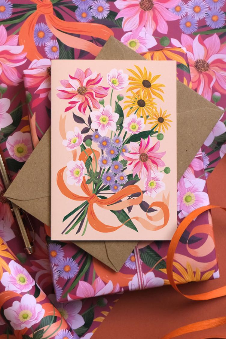 Postkarte Blumenstrauss rosa - 1