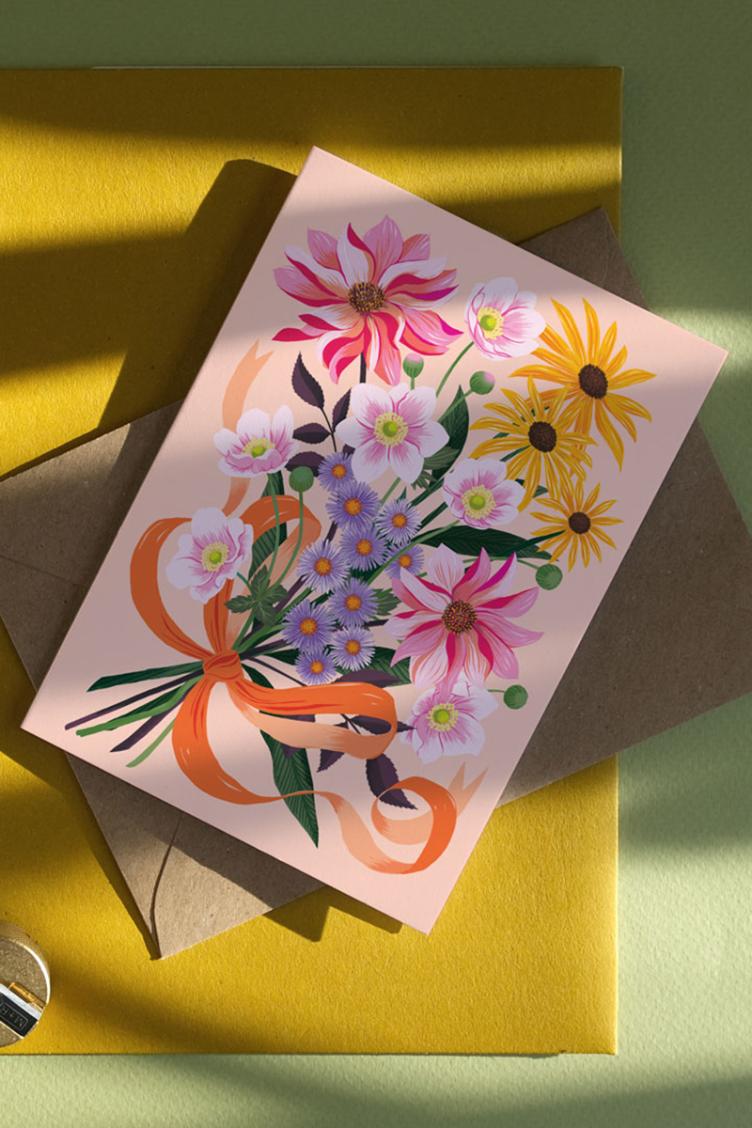 Postkarte Blumenstrauss rosa - 0