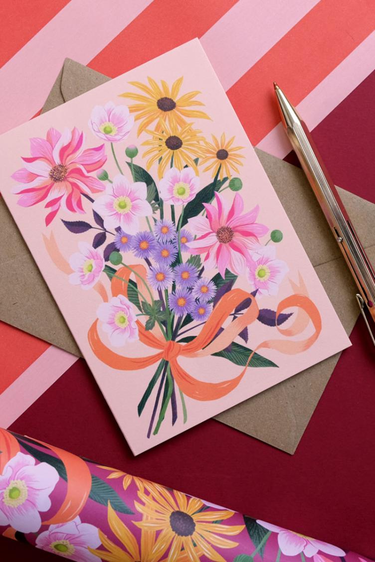 Postkarte Blumenstrauss rosa